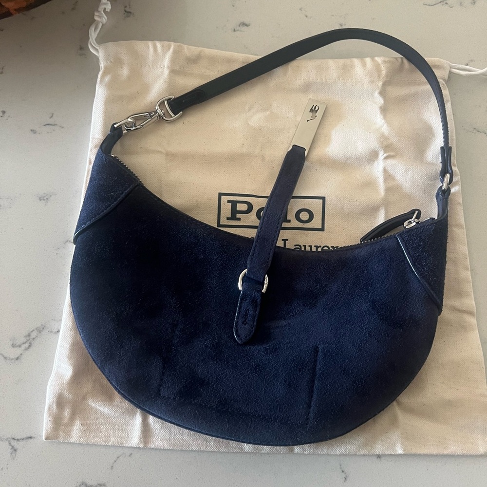 Polo by Ralph Lauren Navy Shoulder Bag silver hardware blue suede mini polo id - Picture 6 of 8